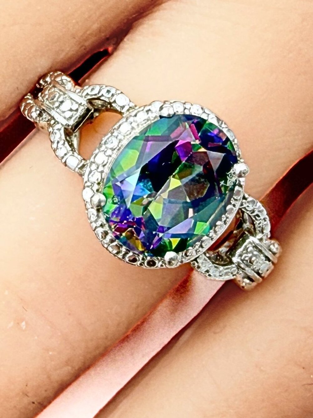 Charming Marked Sterling Silver Watermelon Mystic Topaz CZ Ring Sz 10